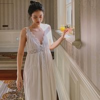 Women French Style Sexy V-Neck Nightdress Princess White Vintage Embroidery Long Nightgowns 100% Cotton Sweet Sleeveless Nightie