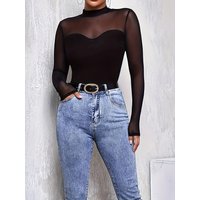 Sexy Mock Neck Sheer Mesh Patchwork Long Sleeve Bodysuit