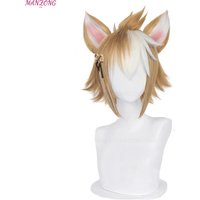 Gorou Cosplay Wig Game Genshin Impact Gorou Short Brown White Wig with Ears Synthetic Hair Heat Resistant Halloween Role Play