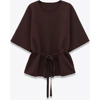 Vintage Brown Puff Sleeve Knit Sweater For Women Round Neck Drawstring Waist Elegant Pullover Tops