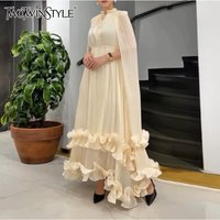 TWOTWINSTYLE Solid Slimming Dresses For Women V Neck Long Sleeve High Waist Temperament Elehant Dress Female Fashion Style New