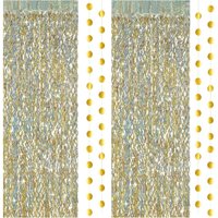 4Pcs Champagne Gold Laser Wavy Foil Fringe Curtain with Golden Garland Wedding Birthday Party Photo Backdrop Decor