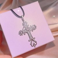 Vintage 925 Silver Palace Wind Cross Necklace Card Christian Religious Zircon Jewelry Tourist Souvenirs Gift