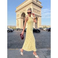 HH Women Summer Spring Effortless Chic Butter Polka Dot Dress Spring Sleeveless Waist Ruched Midi Lightweight Dress For Brunch