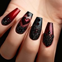 Medium fake nail for women gradient black red heart design for Valentine's Day ballet almond tips press on false nail art set