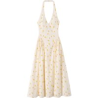 Women Lemon Print Halter Midi Dress Summer V-neck Sleeveless Fit-and-Flare A-Line Dresses