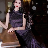 Vintage Damen Langes Cheongsam Sexy Bedrucktes Chinesisches Qipao-Kleid Traditionelle Chinesische Neujahrs-Kostüme Bühnenauftritts-Bekleidung