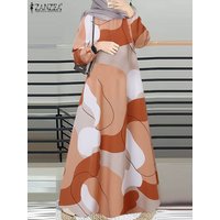 ZANZEA Muslim Fashion Color Block Long Dresses Women Elegant O Neck Long Sleeve A-line Vestidos Casual Loose Islamic Abaya Robes