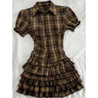 2026 New Vintage Brown Plaid 2 Piece Sets Women Short-sleeved Shirt + High Waist Cake Skirt French Gothic Retro Y2k Slim Outfits