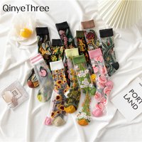 1 Pair Novelty Harajuku New Crystal Silk Tide Socks Funny Sunflowers Vines Flowers Peach Bird Cat Happy Women Casual Sokken