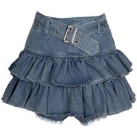 High Waist A-Line Skirt with Lace Trim Denim Half-length Women's Spring Summer Thin Cake Short Skirt Anti-exposure