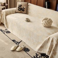 Beige Floral Chenille Sofa Cover with Tassel Fringe, Vintage Jacquard Couch Throw Blanket, Universal Non-slip Sofa Slipcove