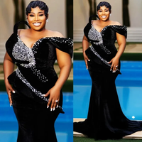 Elegant Black Velvet Crystal Beaded Women's Party Evening Dress Sexy V-Neck Off Shoulder Second Reception Ball Dress Customized