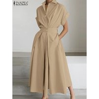 ZANZEA Elegant Women Short Sleeve Work OL Sundress 2025 Summer Dress Stylish Casual Solid A Line Buttons Holiday Vestidos Robe