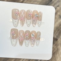 10pcs Hand Painted French Cat Eye False Nails Oval Shape with Butterfly Heart Rhinestone for Women Party Valentine Gift