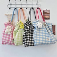 Casual Plaid Women Shopping Bag Large Capacity Ladies Daily Tote Handbags Cotton Cloth Double-sided Girls Shoulder Bags