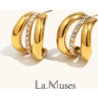 La. Muses 3-layer Middle Inlaid Zircon Stainless steel Women's Earrings PVD Gold-plated Fashionable Daily Accessories Gift