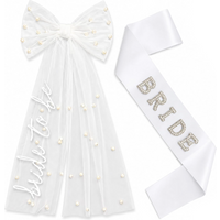 2pcs Bride To Be Veil And Sash Set Pearl Bow Veil White Satin Sash Accessory For Bachelorette Party Bridal Shower Gift Decor