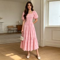 Long Dress Women Square Neck A Line Vestidos Puff Sleeve Holloe Out Embroidery Elegant Elastic Waist High Street Slim Fit Work