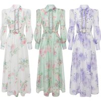 Luxury Elegant Spring Flower Shirt Collar Holiday Maxi Dress Women Diamonds Lantern Sleeve Print Floral Linen Boho Long Clothes