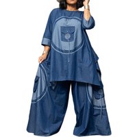 Dashiki African Casual Jeans Suit Women Denim Two Pieces Set Long Sleeve Tops And Pants Slim Tracksuit Outfits Spring Autumn