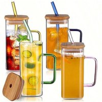 1 pc Bamboo covered straw square glass cup, transparent water cup with handle, iced coffee cup, juice