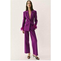Elegant Feather Cuff Suit Jacket And Straight Leg Pants Set Women's Fashion Workwear Summer Polyester Fiber High Waist