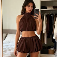 Y2K Vintage Shorts Set Sleeveless Backless Halter Neck Crop Top Bubble Skirt Solid Dots Vacation Outfit for Women