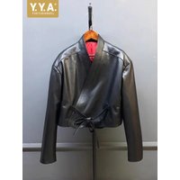 Vintage Designer Women Lace Up V Neck Sheepskin Genuine Leather Jacket Short Style Adjustable Waist Loose Fit Coat Retro Jacket