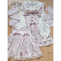 2025 Spring Japanese Mine-tied Bow Strawberry Print Doll Collar Long-sleeve Chiffon Shirt Dress Shorts 2 Piece Set Womens Outfit