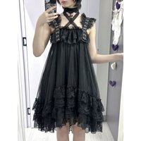 2026 New Women's Gothic Black Lolita Tulle Mini Dress Crisscross Lace Straps Ruffle Tiered Mesh Sweet Dark A-Line Cake Dresses