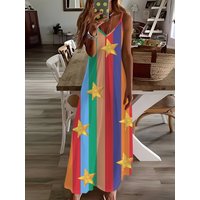 Printed Design Casual Style Colorful Striped Star Full Print Slip Maxi Dress