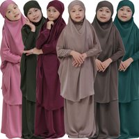 2Pcs Muslim Kids Girls Overhead Hijab Dress Abaya Set Islamic Child Ramadan Prayer Burka Arab Khimar Headscarf Skirt Niqab Suit image 4