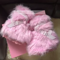 Mid Calf Pink Boots Women Fluffy Warm Thick Soled Slip-On Buckle Round Toe High Heels Shoes Female Party Trendy Sweet Snow Boots