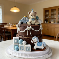 Cute Blue Pink Bear Cake Toppers With Building Blocks Car Trojan Horse For Baby Shower Birthday Party Decoration Supplies Kit