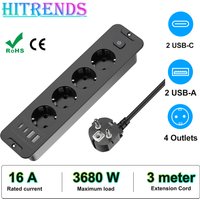 HITRENDS Built-in socket with 4AC Outlets 2 USB and 2 type C PD20W, 3m extension cord, multiple sockets with switch for worktops