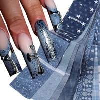 10pcs Retro Weathering Denim Nail Foil Transfer Hearts Star Heart Blue Denim Hot Girls Nail Transfer Paper Punk Cowboy Stickers