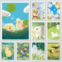 Happy Animals in Flowers Meadow Ducks Dogs Cat Diamond Painting Wall Art Picture for Nursery Home Kids Room Decor