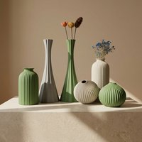 3Pcs Fluted Sculptural Vase Duo Color Set Matte Green & Beige 3D Printed PLA Wabi Sabi Vases for Living Room Shelf Dried Flower