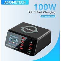 ASOMETECH 100W 8 ports chargeur USB avec chargement sans fil, affichage numérique LED, chargeur rapide QC3.0 PD pour iPhone 14 13 12