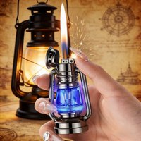 Retro Oil Lamp Style Lighter with LED Light Flint Grinding Wheel Butane Gas Lighter Creative Desktop Ornament Lighters Smoking