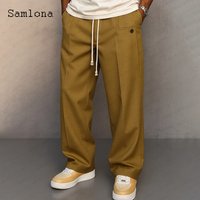 2025 Men's Stand Pocket Casual Straight Pants Plus SIze 3xl Mens Baggy Drawstring Trouser Male Ankle-Length Bottoms Khaki Yellow