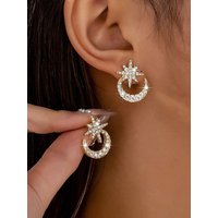 A Pair of Fashionable Sparkling Diamond Middle Eastern Light Luxury Trendy Sexy and Versatile Women's Star and Moon Earrings