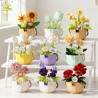 HUIQIBAO MOC Flower Micro Building Block DIY Rose Sunflower Pot Bouquet Mini Diamond Model Brick Toy for Children Desk Decor.