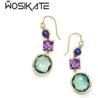 WOSIKATE Trendy Geometric Amethyst Drop Earrings For Women 925 Silver With 18K Yellow Gold Plated Fashion Jewellery Ear Hooks