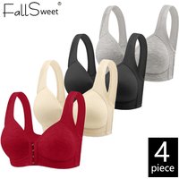 Fallsweet 4PCS Wire-Free Front Closure Bra for Women Solid Full Coverage Fixed Cup Comfortable Brassiere for Middle-Aged Mom