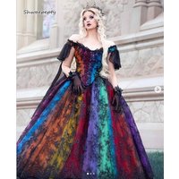 Gothic Rainbow Wedding Dress Black Lace Vintage Victorian Bridal Gown Off Shoulder Princess Prom Masquerade Dress Customized
