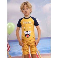 Cute Tiger Children's One-piece Swimsuit, Children's Short-sleeve Zip-up Swimsuit, Cartoon Pattern Quick-drying Surfing Suit
