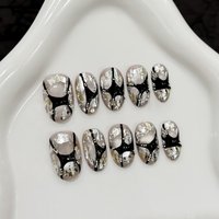 10pcs Pure Hand Pressed Short Oval Nails Art,Nice Fake Nail,Shiny Cat's Eye Spice Girl Silver Crack,Suitable For Women