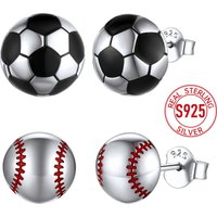 U7 925 Sterling Silver 9/10mm Baseball Soccer Ball Stud Earrings for Woman Man Kid 3D Design Unisex Jewelry Gift for Sport Lover